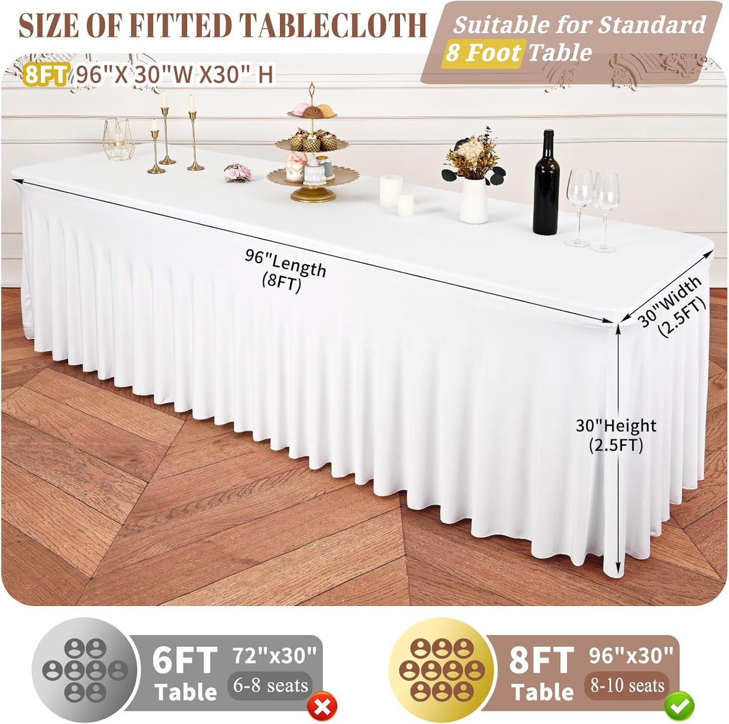 6 Packs White Stretch Table Skirts for 8 Foot Rectangle Table, Washable Spandex Stretch Tablecloths with Skirt, Wrinkle Resistant Fitted Tablecover for Wedding Party Banquet