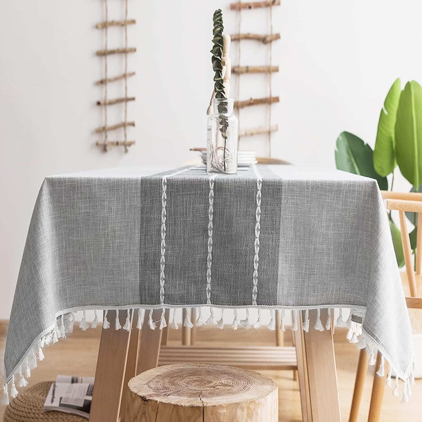 Oubonun Cotton Linen Square Tablecloth - Wrinkle Resistant & Waterproof - Machine Washable Table Cloth with Tassels for Kitchen & Dining, 55''x55'', 4 Seats