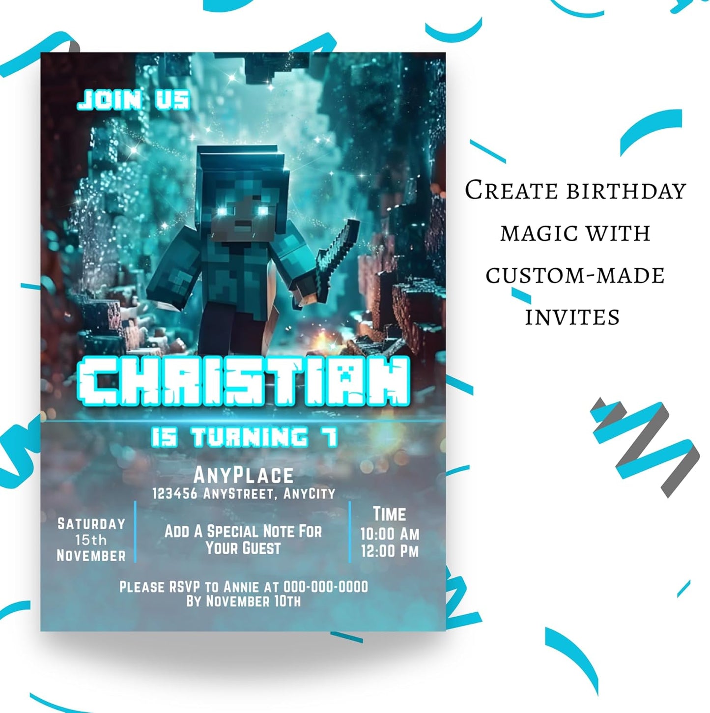 Fully Customizable minecraft Birthday Party Invitations, 4 x 6 inches, with Self-Sealing Envelopes, Gaming Theme Design, minecraft Birthday Invitations for Boys and Girls (Minecraft/Cave)