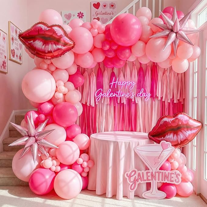 Pink Red Balloon Garland Arch Kit 108 Pcs with Foil Star Lip Balloons for Girl woman birthday Mother's Day Valentine galentines Bridal Shower Engagement Wedding theme party decorations