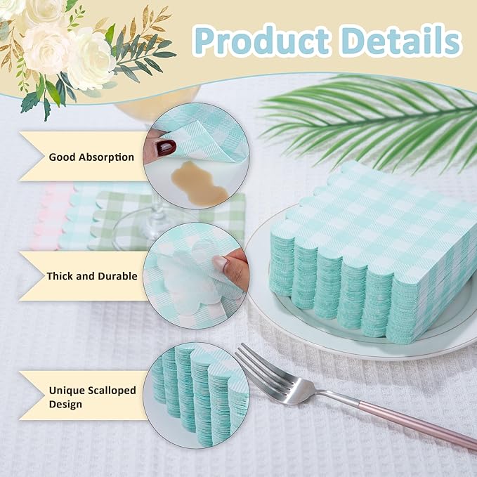 100 Pcs Blue Napkins Scalloped Plaid Cocktail Napkins Folded 5 x 5 Inches Disposable Napkins for Wedding Birthday Party