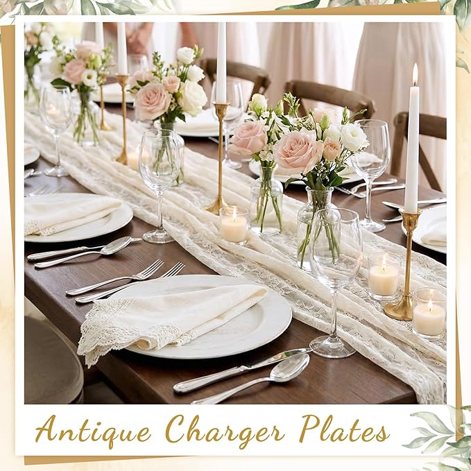 Tanlade 12 Pcs Charger Plates Bulk 13 Inch Plastic Vintage Wedding Chargers Floral Decorative Plates with Metallic Ruffled Rim for Wedding Party, Holiday Event Supplies(White)