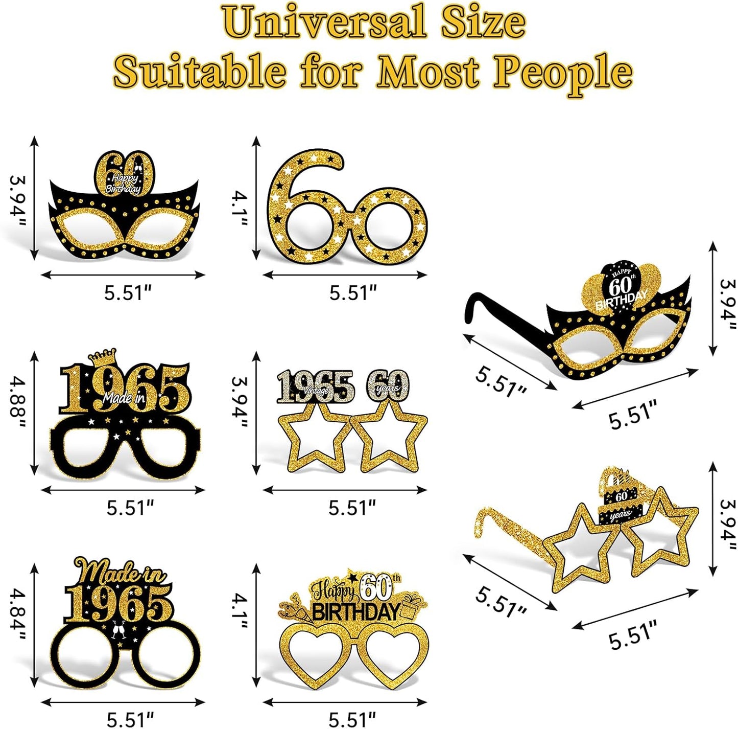 24Pcs 1965 60th Birthday Paper Glasses Decorations for Men Women - Black Gold Happy 60th Birthday Paper Eyeglasses Photo Props, Vintage 1965 Sixty Years Old Birthday Party Supplies