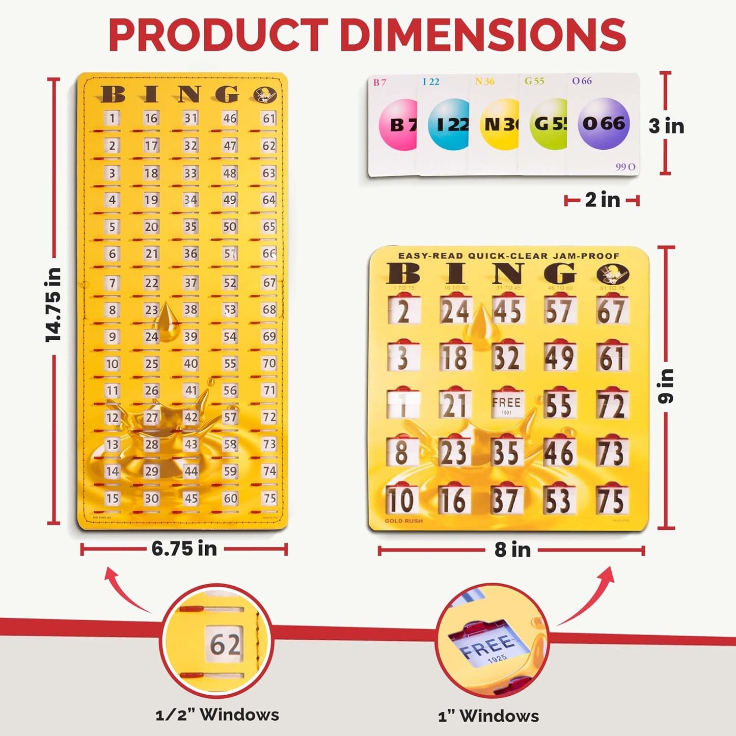 MR CHIPS Jam-Proof Bingo Cards with Sliding Windows, 25 Reusable Shutter Cards, 75 Calling Cards 1 Master Board in Gold Rush Style