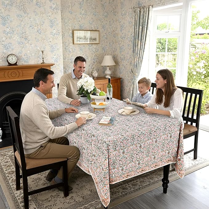 Ridhi Hand Block Print Sassy Salmon Emerald Green Rectangle Cotton Tablecloth 108" x 70" Reusable Table Cover Decorative Everyday Use for Dining, Farmhouse, Home Gift for Spring, Easter, Valentine