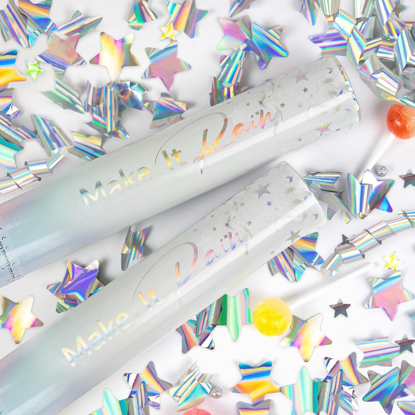 PrimePure Confetti Cannon Party Poppers - Holographic Silver Stars Confetti Popper - 2 Pack - New Years Party Cannon Silver Glitter Star Pop Gun for NYE 2026, Birthday, Celebration, Pranks