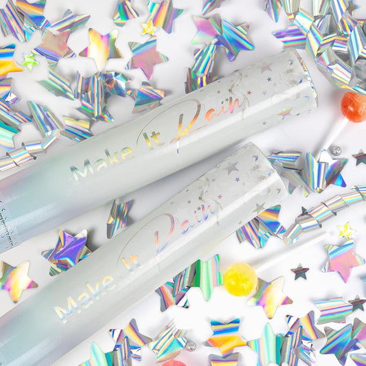 PrimePure Confetti Cannon Party Poppers - Holographic Silver Stars Confetti Popper - 2 Pack - New Years Party Cannon Silver Glitter Star Pop Gun for NYE 2026, Birthday, Celebration, Pranks