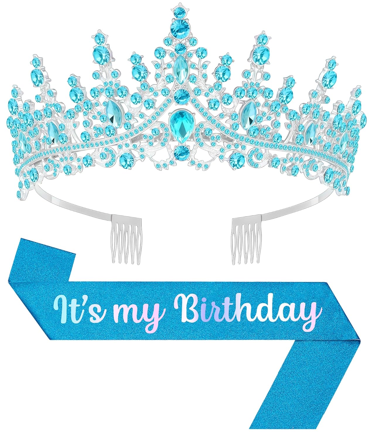 Birthday Tiara and Crown with Sash, Birthday Tiara for Women Party (Blue)