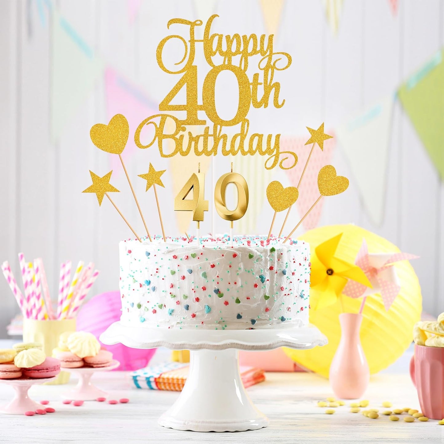 40th Birthday Cake Decorations, 40th Birthday Candles Cake Numeral Candles and Glitter Happy 40th Birthday Cake Toppers Set for Birthday Party Supplies (Gold)