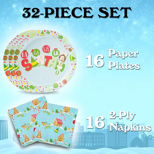 Silver Buffalo Elf Buddy the Elf Fa La La Santa Snow Christmas 32 Pack Partyware Disposable Paper Plates and Napkins