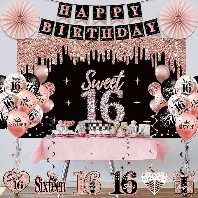 16th Birthday Decorations for Girls, 33pcs Sweet 16 Crown and Sash, Black Rose Gold Happy 16th Birthday Banner Balloons Backdrop Hanging Swirls Paper Fans, Sixteen Party Decorations Kit