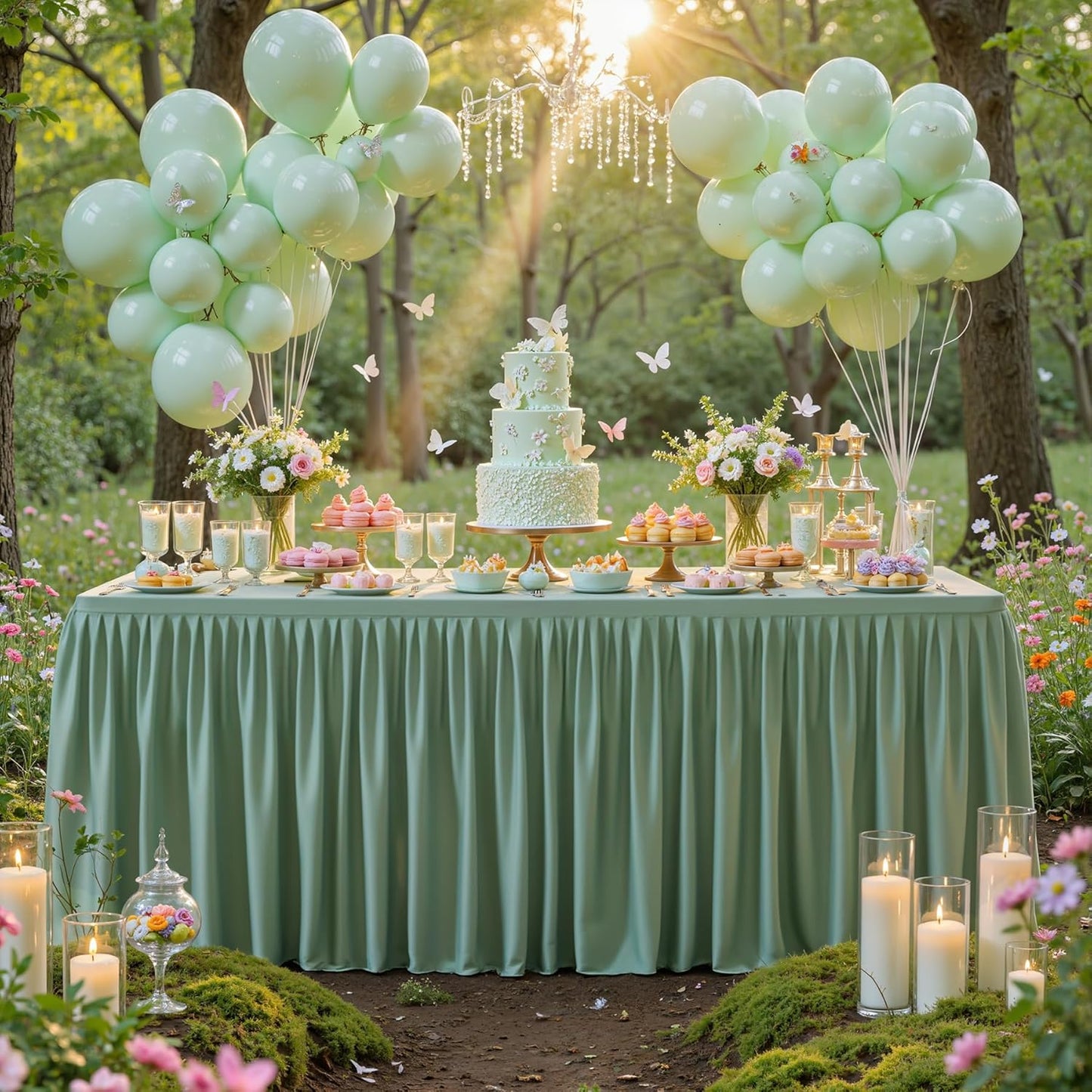 1 Pack Sage Green Rectangle Table Clothes for 8 Foot Tables, Polyester Wrinkle Free Fitted Tablecloths 8ft Stretch Table Cover with Skirt for Wedding Birthday Parties Trade Show Craft Show