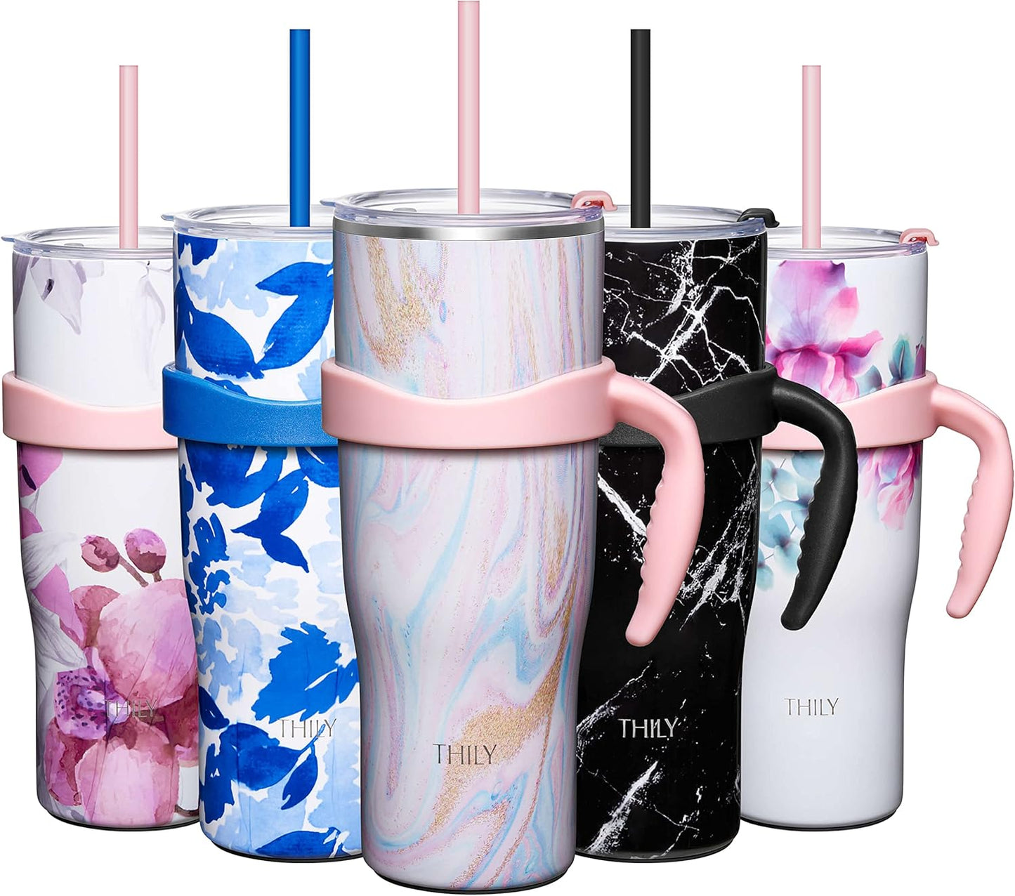 THILY Stainless Steel Vacuum Insulated Tumbler 40 oz Coffee Travel Mug with Handle and Lid, Sweat Proof, Keep Drinks Cold for 34 Hours or Hot for 12 Hours, Pink Ripple