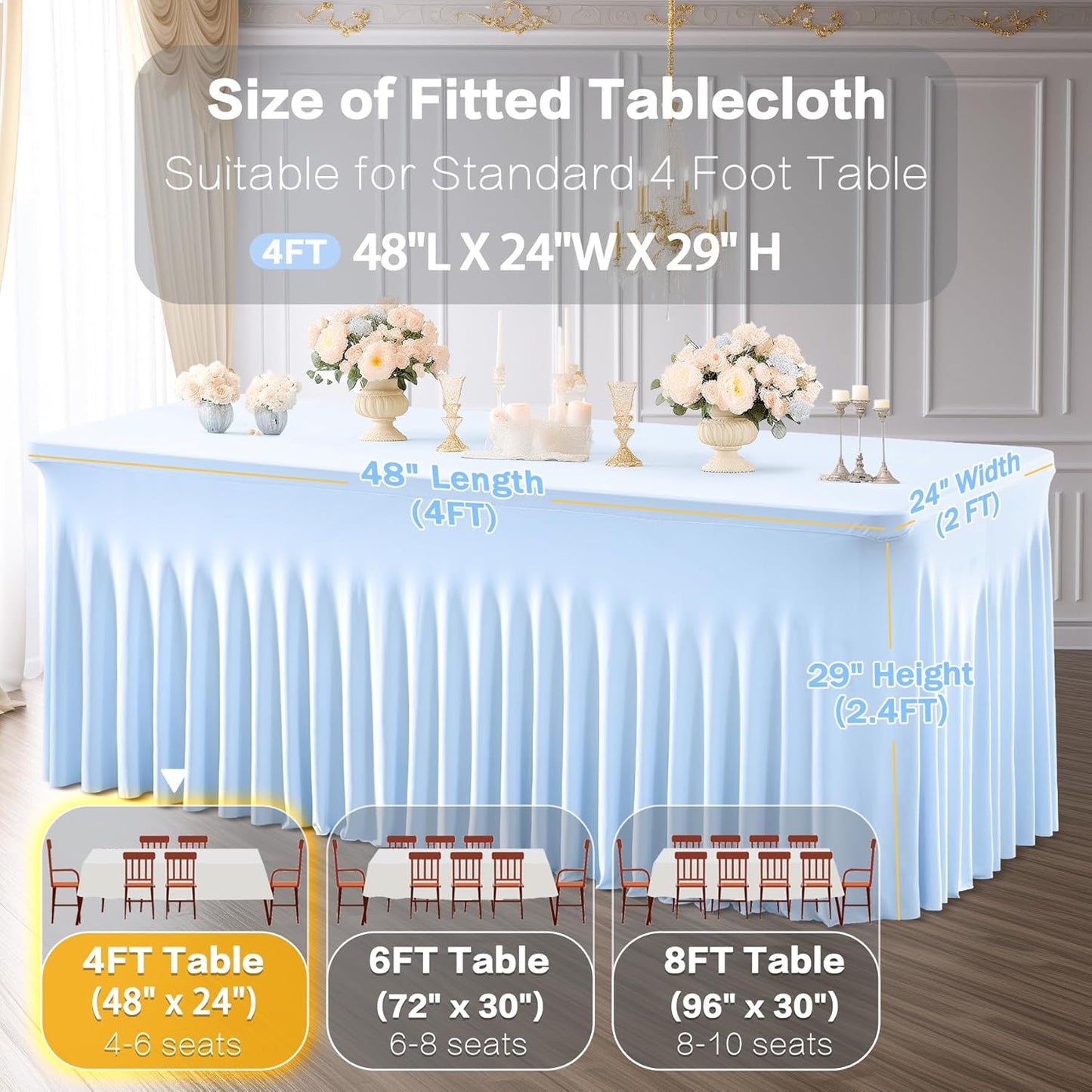 2 Packs Baby Blue Table Clothes for 4 Foot Rectangle Table, Spandex Tablecovers 4FT Stretch Fitted Table Covers Rectangle white Skirt for Baby Shower Birthday Party Event Wedding Banquet Decorations