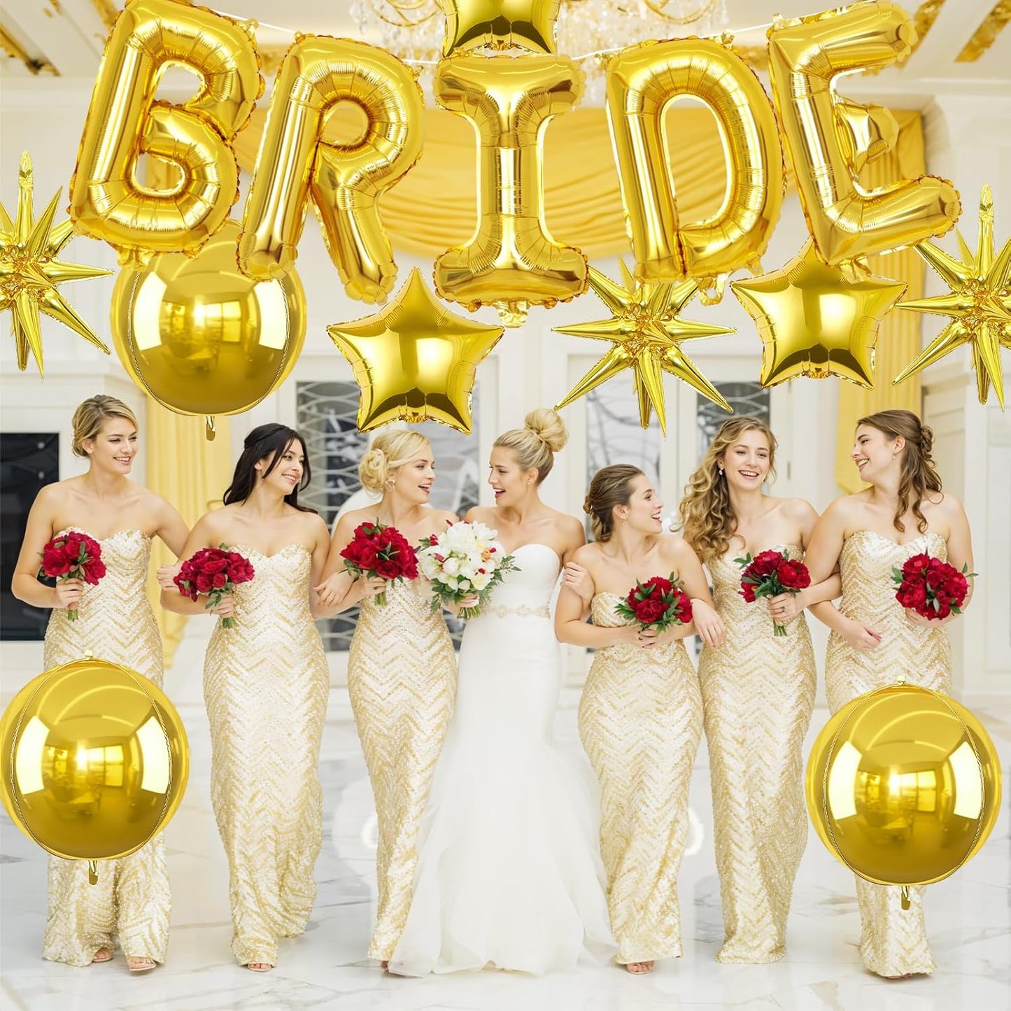 Gold Bride Balloons Bachelorette Party Decorations, 32in Gold Giant Bride Balloons with 4D Disco Ball Balloon and Star Foil Balloon for Bridal Shower Wedding Engagement Party Supplies