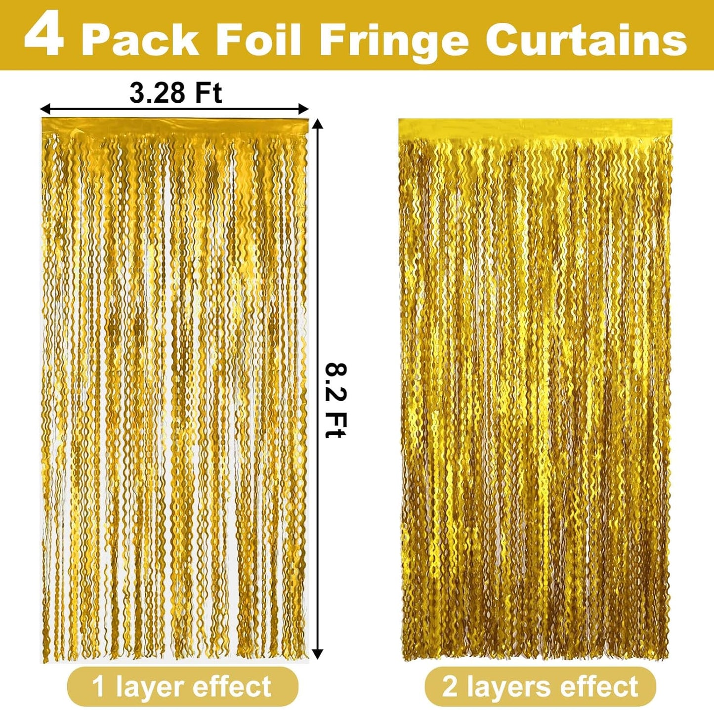 4 Pack Gold Fringe Curtain Backdrop 3.2Ft x 8.2Ft Metallic Tinsel Foil Fringe Streamers Background for Photo Booth Mother's Day, Easter, Carnival, Birthday, Wedding Party Decoration