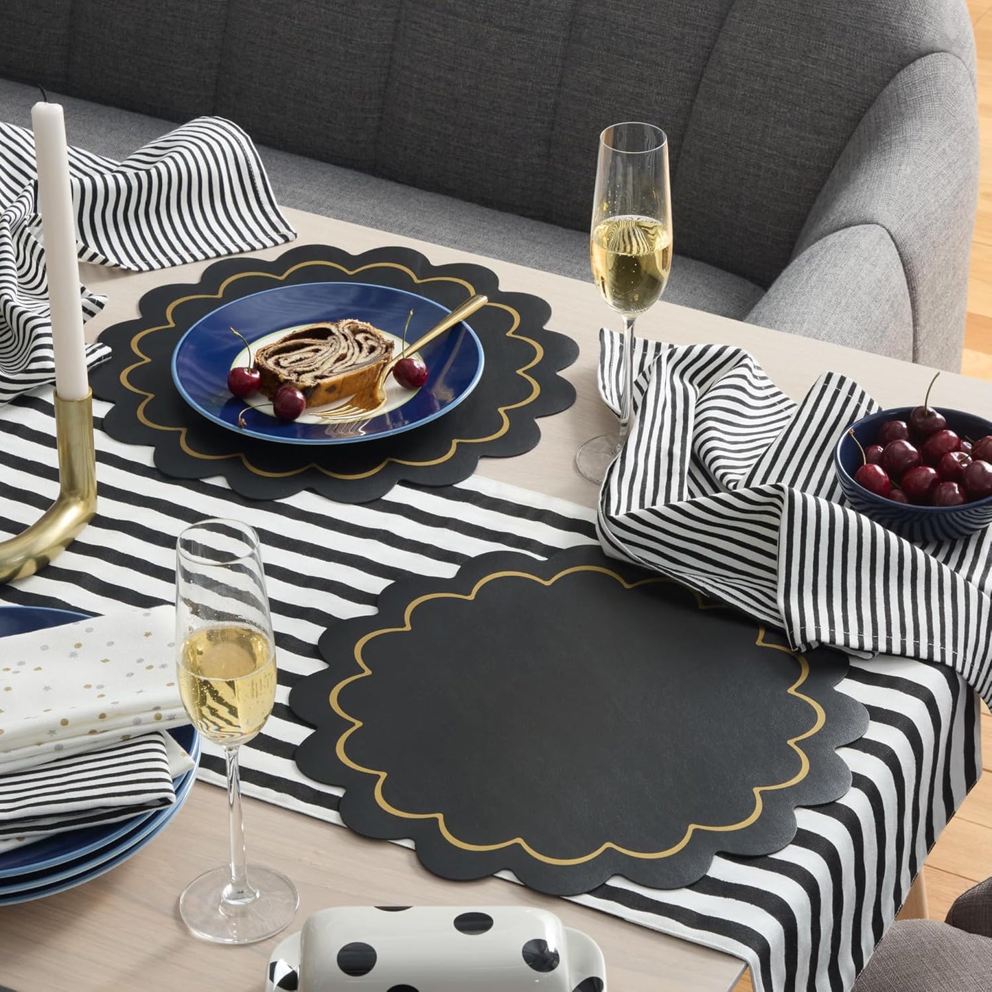kate spade new york Hand Painted Shirting Stripe Reversible Table Runner, 100% Cotton, Cream/Black, 15"x72"