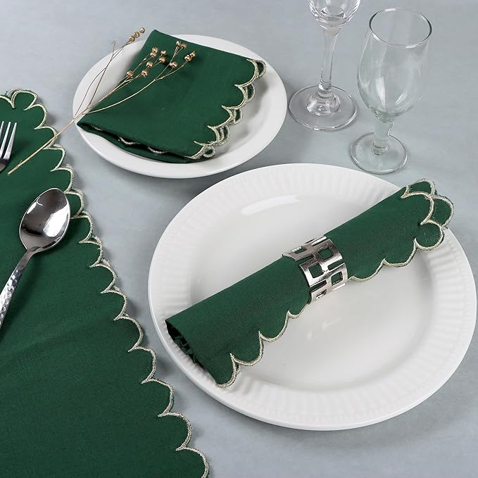 FINGERCRAFT Cloth Napkins, Everyday Use Scallop Design with Golden Zari, Premium Quality Natural Cotton Napkin Cloth Set of 6 Perfect for Parties Dinners Weddings Christmas 20x20 inch Eden Green