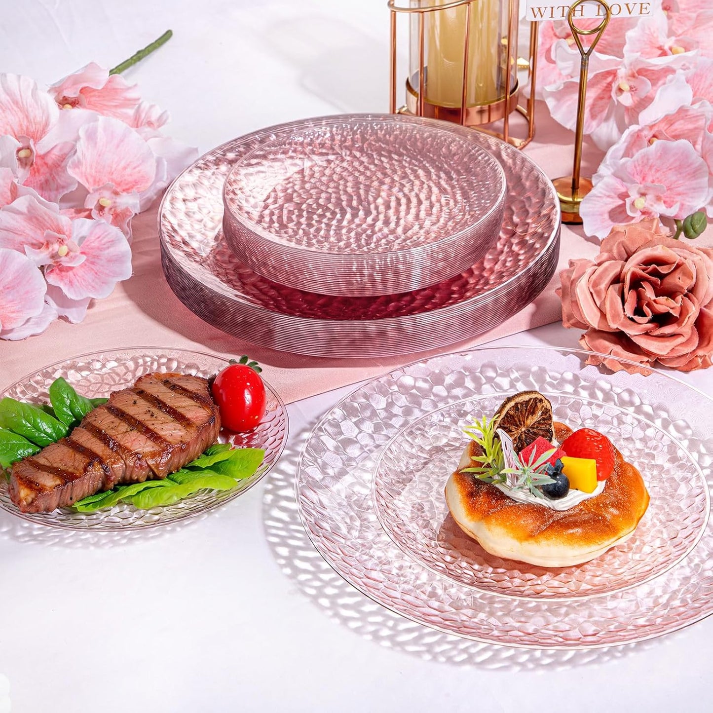 Rubtlamp 60PCS Pink Plastic Plates, Disposable Pink Plates with Hammered Design, Heavy Duty Plastic Platos Fancy Party Platos Include 30 Dessert Plate & 30 Dinner Plate for Bridal Wedding