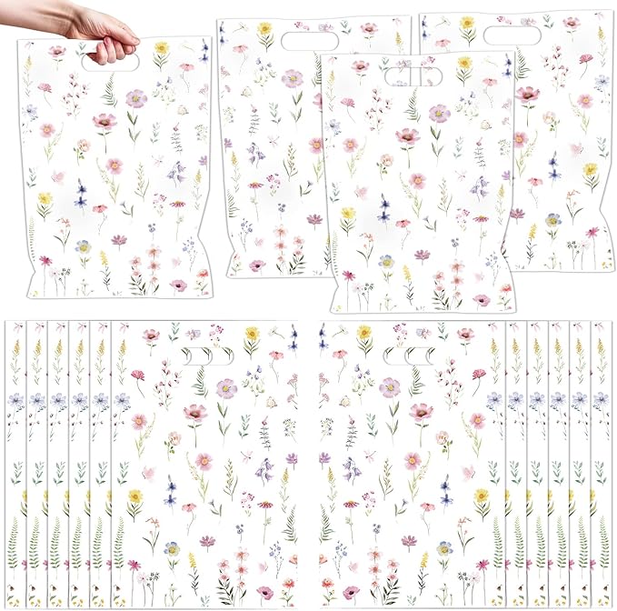 Falueqg Wildflower Theme Goodie Bags - 50 Pcs Reusable Party Favor Bags Wildfloral Gift Bag with Handles Treat Bag for Wedding Birthday Baby Shower Party Supplies Décor