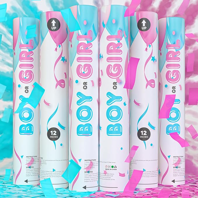 Gender Reveal Confetti & Powder Smoke Cannon | 3 Pink & 3 Blue Poppers | Biodegradable | Alternative to Gender Reveal Smoke Bombs Extinguisher Spray, Baby Gender Reveal Decorations, TUR Party Supplies
