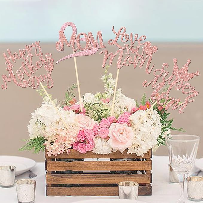 12 PCS Happy Mother's Day Centerpiece Sticks Double Sided Love Super Mom Best Mom Centerpieces for Happy Mother's Day Theme Table Flower Decorations Women Birthday Party Supplies Rose Gold
