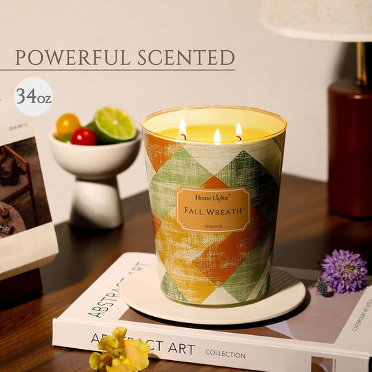 HomeLights Large jar Candle | 3-Wick Long-Lasting Scented Candles, 34oz Natural Soy Wax Candle for Home Scented, Rustic Modern Gifts for Women & Men, Fall Wreath