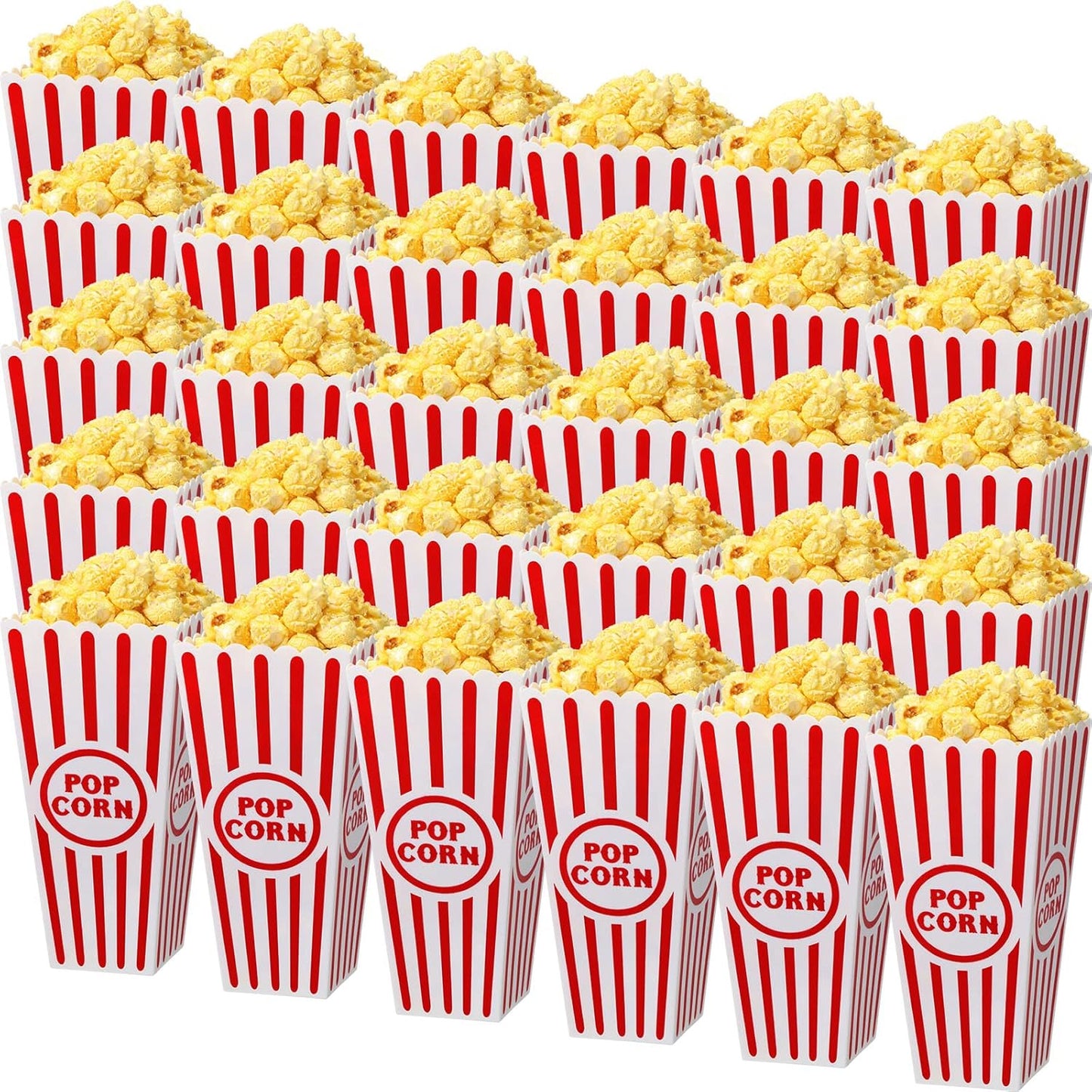 Yuxung 30 Pack Plastic Popcorn Boxes Red and White Striped Popcorn Buckets Bulk Reusable Open Top Containers for Movie Night, Classic Retro Style, 7.7 x 3.9 x 2.4 Inch