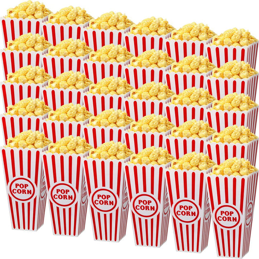 Yuxung 30 Pack Plastic Popcorn Boxes Red and White Striped Popcorn Buckets Bulk Reusable Open Top Containers for Movie Night, Classic Retro Style, 7.7 x 3.9 x 2.4 Inch