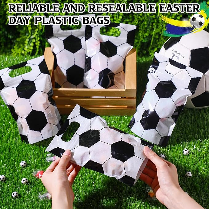 Blosssound 50 Pcs Sport Plastic Bags Clear Soccer Sealed Pouches with Handles Resealable Soccer Party Favor Bags for Sports Theme Birthday Party Candy Gift Wrap Supplies Decoration