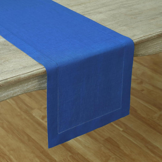 Solino Home Linen Royal Blue Table Runner 132 Inches Long - 100% Pure Linen Extra Long Table Runner 14 x 132 Inch - Classic Hemstitch