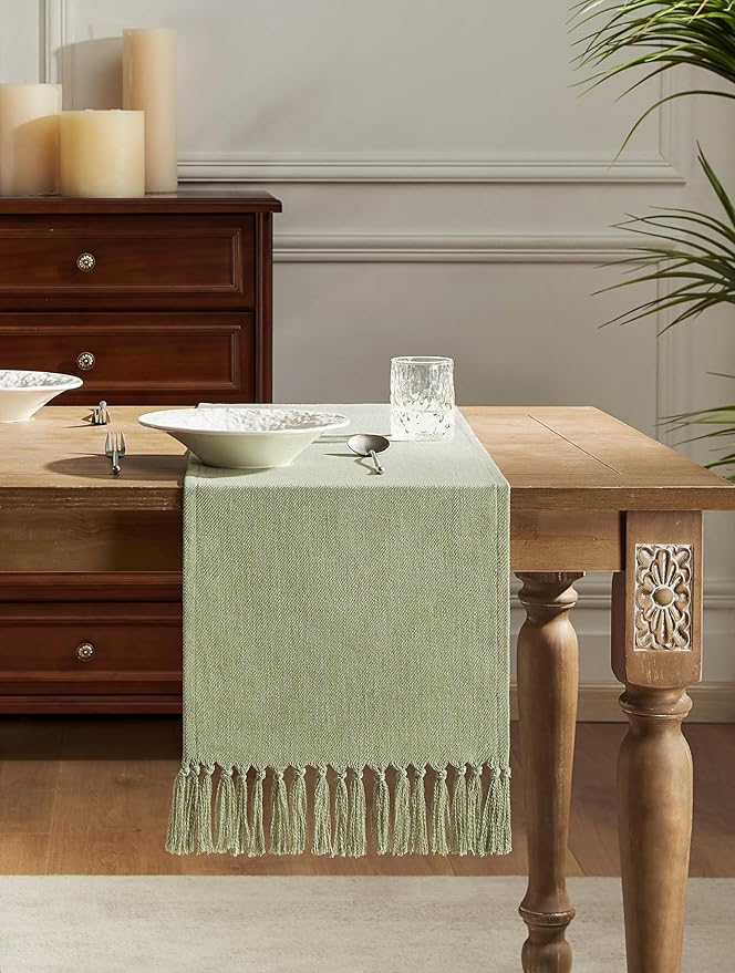 ZeeMart Linen Blend Table Runner, Sage Green 13x72 Inch, Farmhouse Burlap Linen Style Rustic Sage Green Table Runners 72 Inches Long