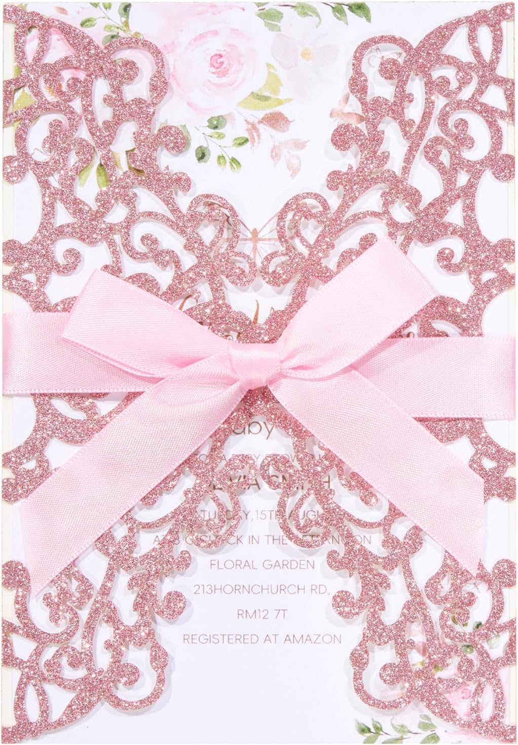 50Pcs Pink Glitter Laser Cut Wedding Invitations with Envelope and RSVP Blank Quinceanera Invitation Cards and Bow Ribbon for Bridal Baby Shower Engagement XV Anos Sweet 16 Birthday Invitation Girl