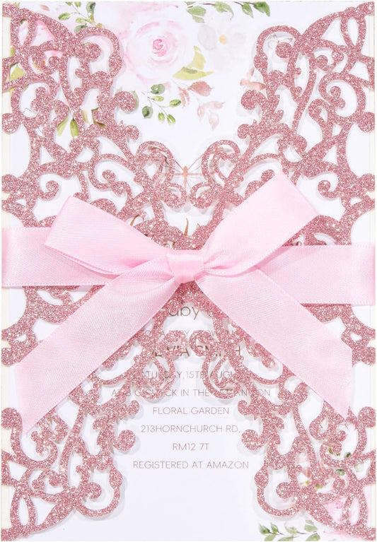 50Pcs Pink Glitter Laser Cut Wedding Invitations with Envelope and RSVP Blank Quinceanera Invitation Cards and Bow Ribbon for Bridal Baby Shower Engagement XV Anos Sweet 16 Birthday Invitation Girl