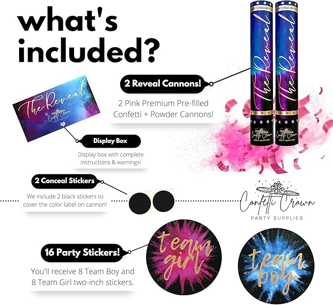 Confetti Crown Baby Gender Reveal Confetti Powder Cannon | 12” [PACK OF 2 Pink] - 100% Biodegradable Confetti & Powder Smoke (Pink)