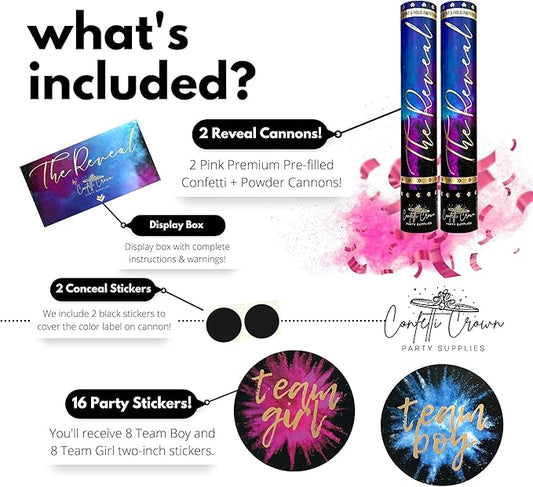 Confetti Crown Baby Gender Reveal Confetti Powder Cannon | 12” [PACK OF 2 Pink] - 100% Biodegradable Confetti & Powder Smoke (Pink)