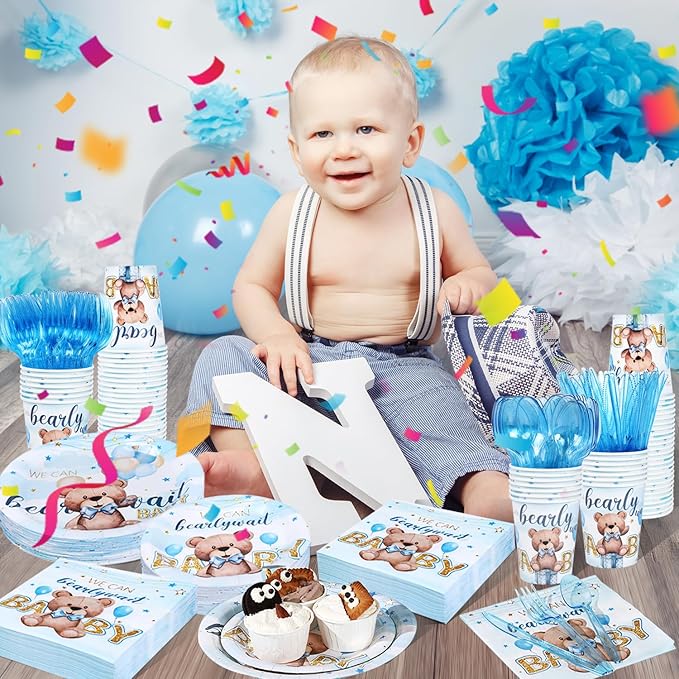 350pcs Bear Baby Shower Decorations for 50 Guests Party Supplies for Boy Include Paper Plate, Napkin, Cup and Disposable Plastic Tableware