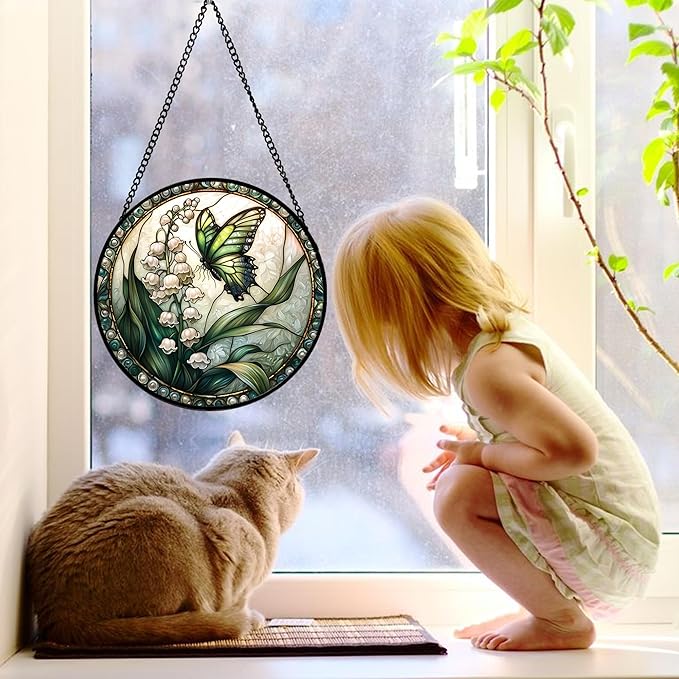 Stained Glass Window Hanging, Lily of The Valley Flower Butterfly Suncatcher for Doors Home Sun Catchers Decoration and Christmas, Mother's Day Birthday Gifts for Women, Men, Mom 9.8 in