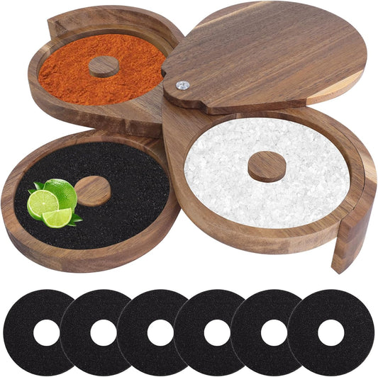Margarita Salt Rimmer Set 3-Tier Acacia Wood Bar Glass Rimmer with Lid & 6 Sponges Perfect for Margaritas, Bloody Marys, Manhattans Ideal for Home Bars & Parties Brown