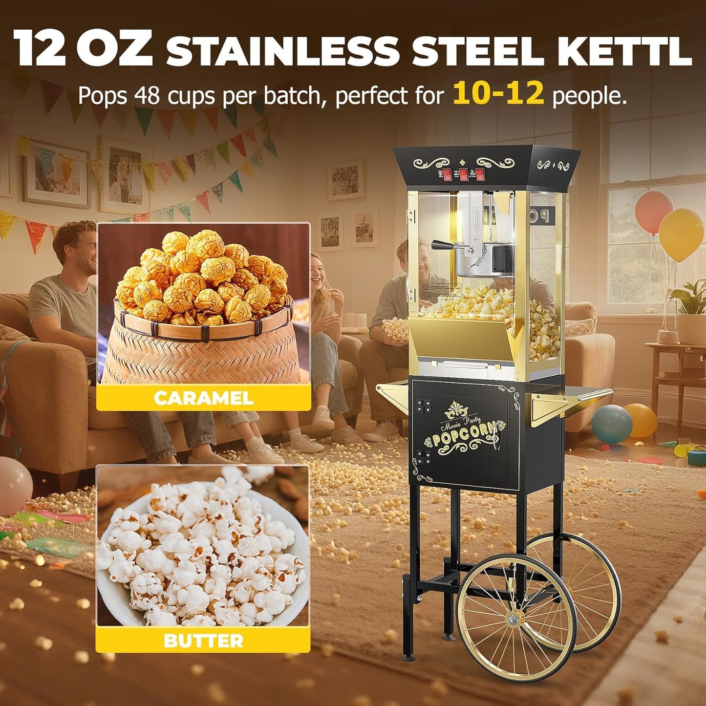2025 Upgraded 12 oz Popcorn Machine Cart, Popcorn Maker Machine with Stainless-Steel Kettle Makes Up to 48 Cups, Movie Theater Pop Corn Machine with 3-Switch Control & Tempered Glass Doors, Black