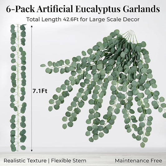 6 Pack 7.1FT Faux Eucalyptus Greenery Garland Hanging Vines for Bedroom Wall Decor Wedding Party Table Decoration Silk Artificial Leaves Plants Backdrop Indoor Outdoor