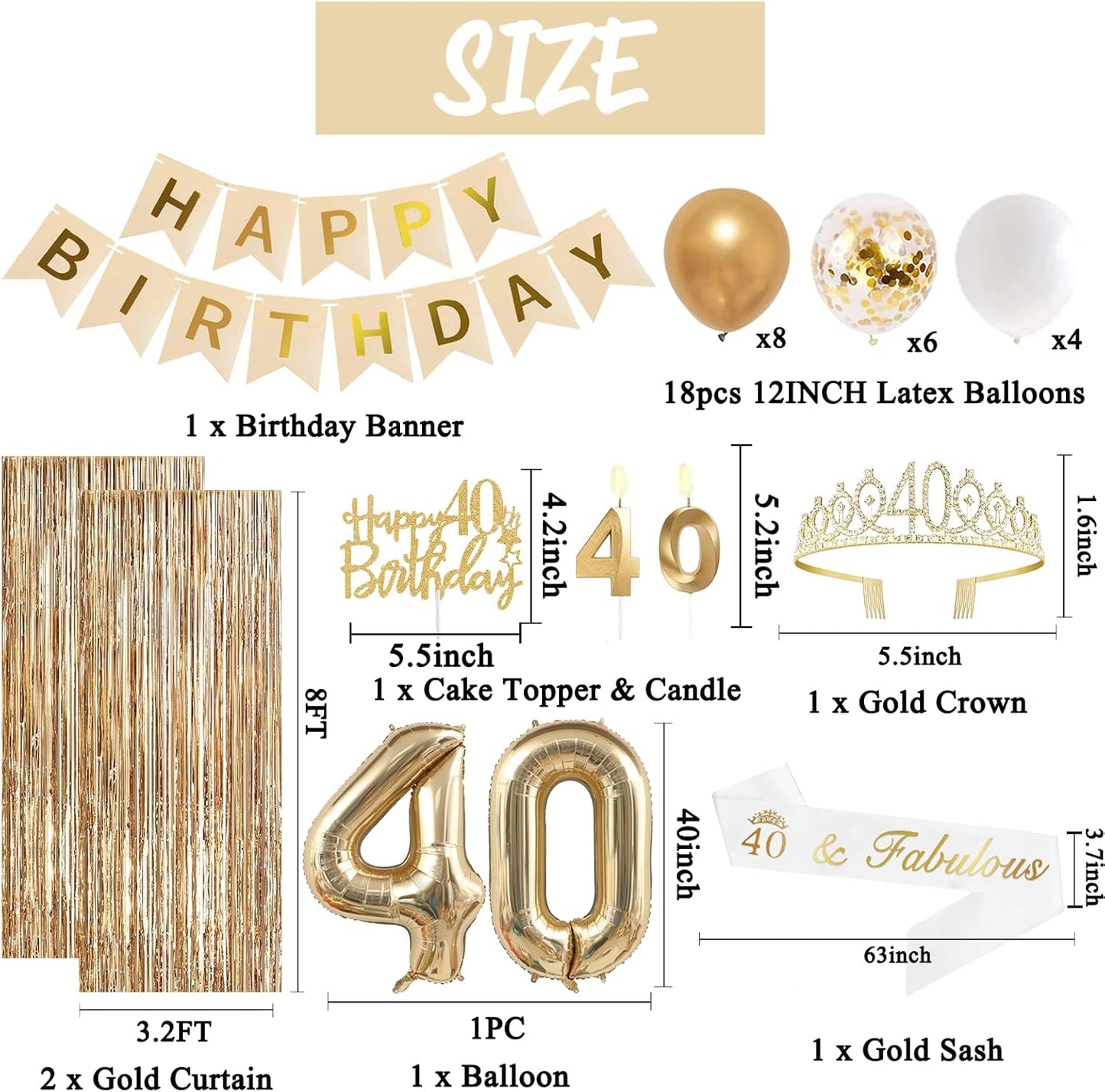 Trgowaul 40th Birthday Decorations for Women, Banner, Sash and Crown, Cake Topper, 40 Number Balloon, Fringe Curtains, Champagne Gold 40th Birthday Party Supplies