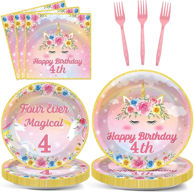 96PCS Four Ever Magical Party Paper Plates and Napkins Unicorn 4th Birthday Party Decor Rainbow Unicorn Plates Girls 4 Year Old Tableware Set for 24 Guests Magical 4th Birthday Gatherings Decorations