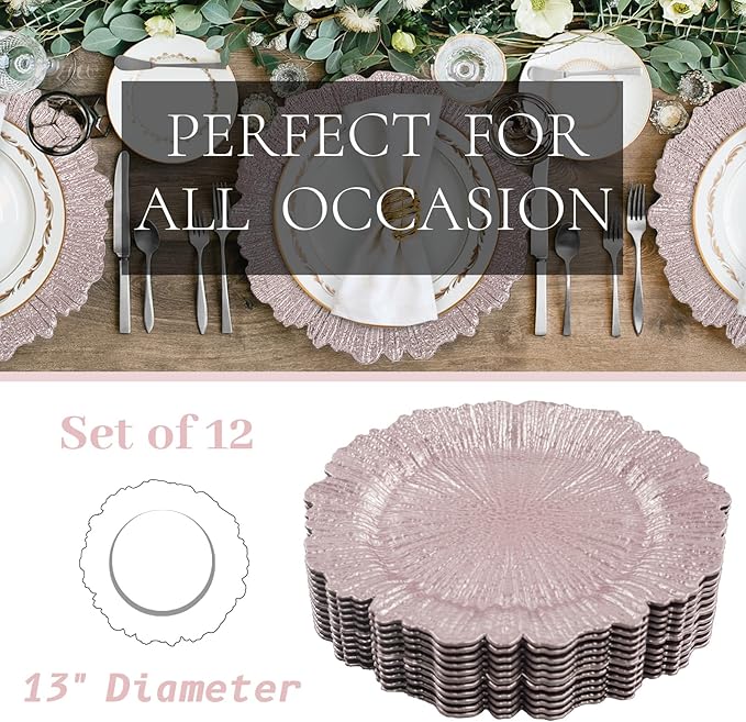 MAONAME Pink Charger Plates Set of 12, Reef Plate Chargers for Dinner Plate, Plastic Table Charger Plates for Wedding Bulk, Party
