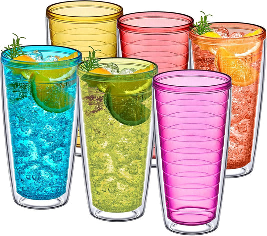 Amazing Abby - Alaska - 24-Ounce Insulated Plastic Tumblers (Set of 6), Double-Wall Plastic Drinking Glasses, Mixed-Color Reusable Cups, BPA-Free, Shatter-Proof, Dishwasher-Safe