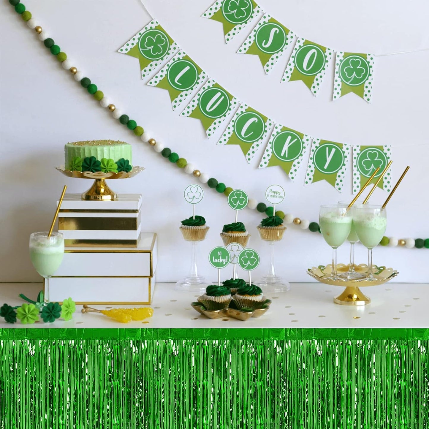 6 Pack 29x108 Inch Green Metallic Foil Fringe Table Skirts Banner for Tinsel Streamer Garland Curtains Backdrop for Parade Floats Wedding Baby Shower Birthday Christmas Halloween Party Decoration
