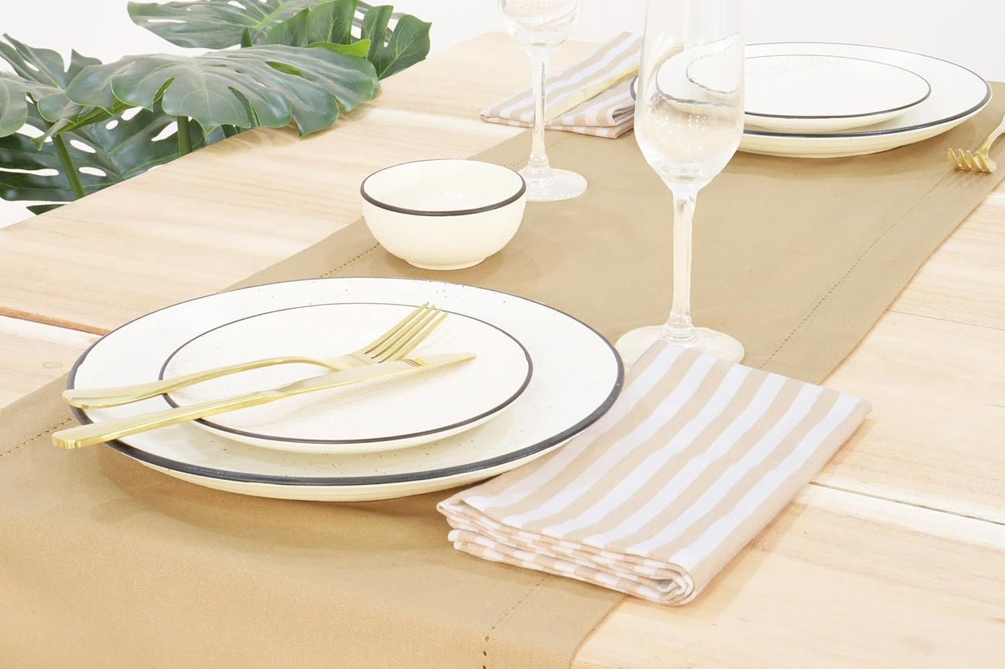 PurpleEssences Plain Striped Cloth Napkins - Set of 12-100% Cotton - 18 x 18 Inch - Fall Thanksgiving - Perfect Everyday Use Dinner Napkin - Beige and White