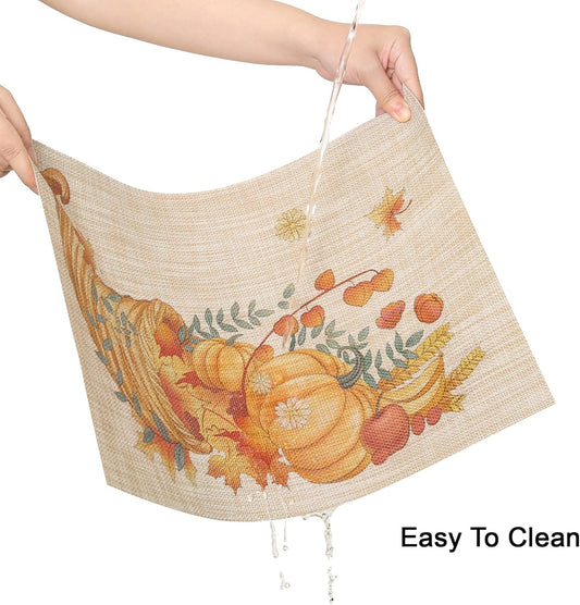 Thanksgiving Placemats Set of 6 Fall Place Mats Pumpkin Maple Leaves Table Mats Washable Non-Slip Heatproof Woven Placemats for Dining Table (17.7" X 11.8")