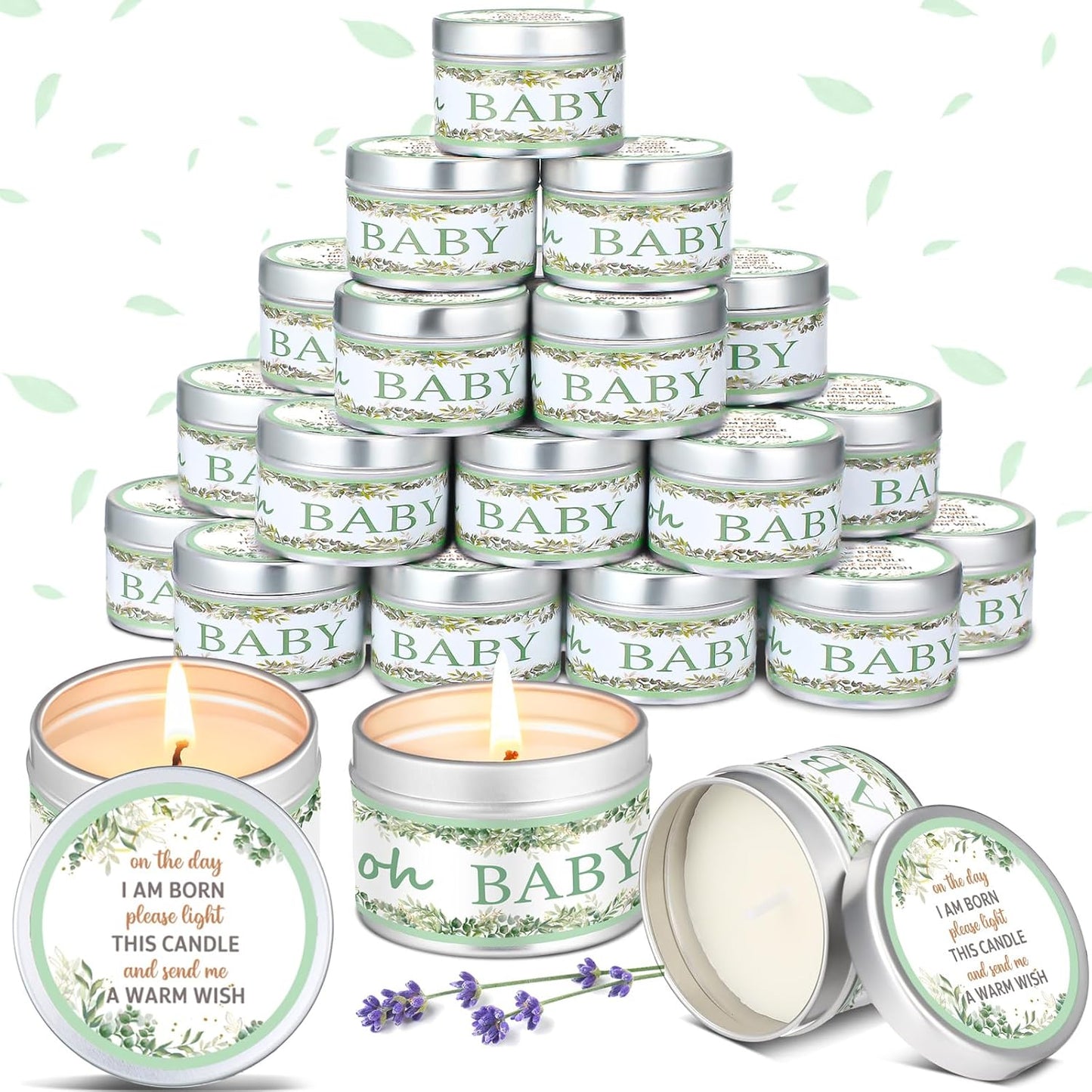 MTLEE 24 Pcs Leaf Baby Shower Party Favors Candles Lavender Scented Baby Shower Favors for Guests Rustic Tealights Candles Gender Reveal Return Gifts Girl Boy(1.2 Oz, Green)