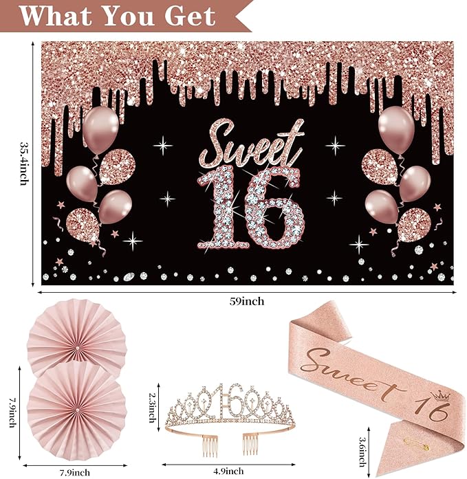 16th Birthday Decorations for Girls, 33pcs Sweet 16 Crown and Sash, Black Rose Gold Happy 16th Birthday Banner Balloons Backdrop Hanging Swirls Paper Fans, Sixteen Party Decorations Kit